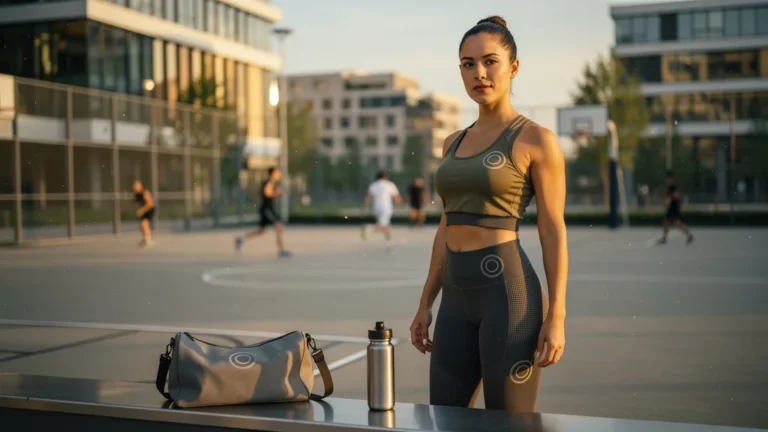Femme sportive en tenue Circle sportswear moderne et élégante sur terrain urbain au coucher du soleil