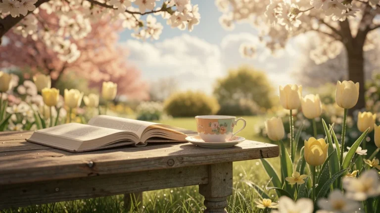 Scène lumineuse printanière illustrant la colorimétrie printemps clair avec fleurs pastel et lumière douce