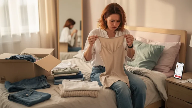 Femme frustrée entourée de vêtements retournés après trois commandes en ligne mal taillées