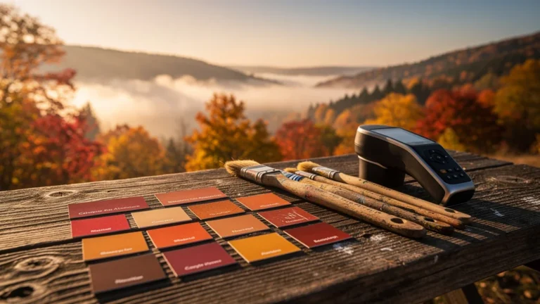 Paysage automnal ultra-détaillé avec feuilles rouges et outils de colorimétrie sur table en bois