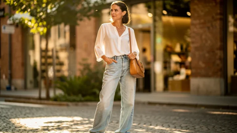 Femme portant un jean baggy confortable en denim clair, style casual et moderne en milieu urbain lumineux