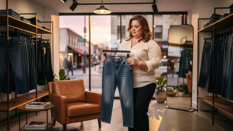 Femme élégante choisissant un jeans grande taille femme dans une boutique urbaine moderne