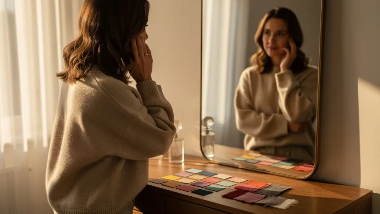 Femme devant un miroir vintage illustrant que la colorimétrie ne remplace pas le reflet réel