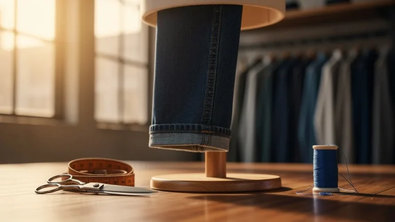 Jean avec ourlet parfaitement réalisé en atelier lumineux, symbole d’un ajustement idéal sur mesure