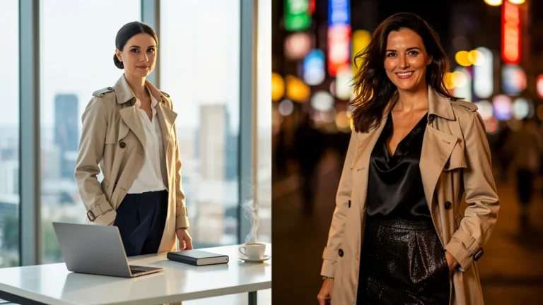 Femme portant le même trench beige en tenue de bureau et sortie du soir, élégance polyvalente