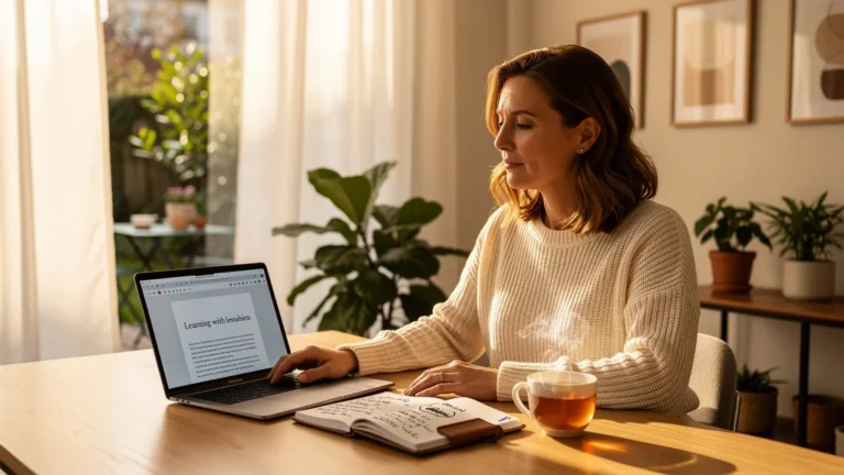 Portrait réaliste d'une rédactrice lifestyle féminine de 39 ans dans son bureau lumineux et chaleureux