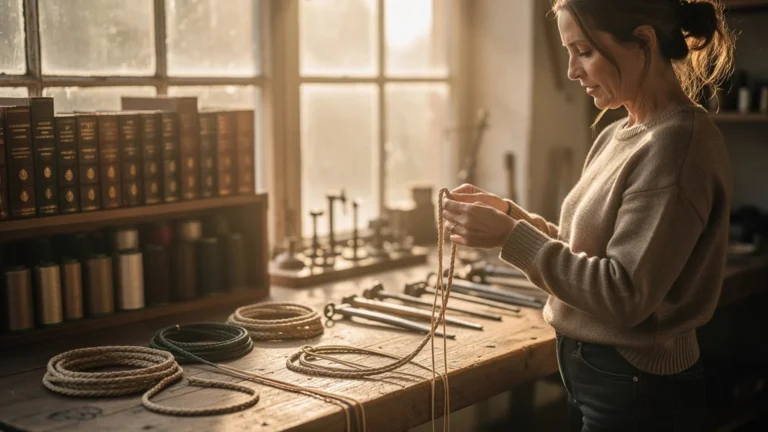 Atelier artisanal lumineux avec lener cordier détaillé, ambiance chaleureuse et femme rédactrice lifestyle