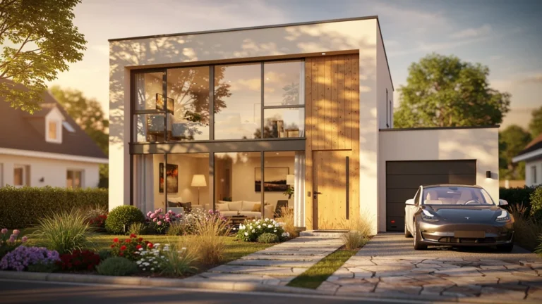 Façade moderne et lumineuse d'une maison ft après 3 mois, ambiance chaleureuse et paisible en fin de journée