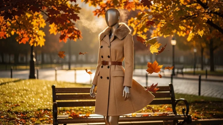 Manteau automne femme camel élégant en laine, testé pour performances au froid, scène urbaine automnale lumineuse