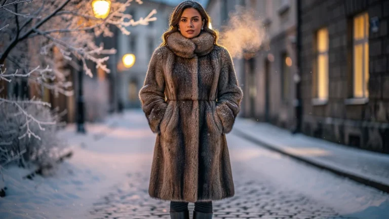 Femme portant un manteau fourrure femme élégant testé pour efficacité thermique pendant 30 jours en hiver