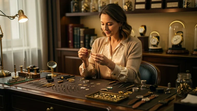 Portrait réaliste d'une rédactrice lifestyle découvrant la manufacture Bontemps avec élégance et précision