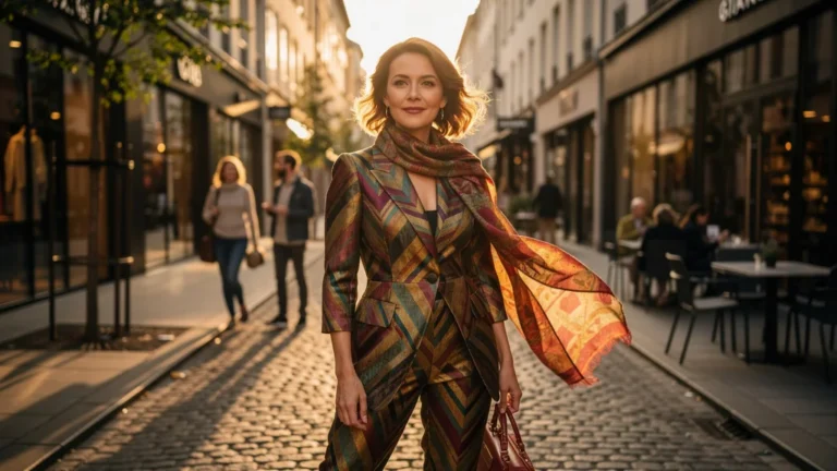Portrait hyper-réaliste d'une femme petite et confiante en ville au coucher du soleil, symbole de l'empowerment