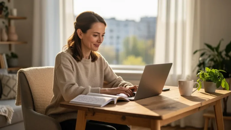 Portrait hyperréaliste d'une rédactrice lifestyle féminine pensant à Robert Lye dans un bureau lumineux