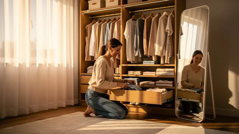 Femme trient son dressing avec soin, réduisant ses achats grâce à ses vêtements portés réellement
