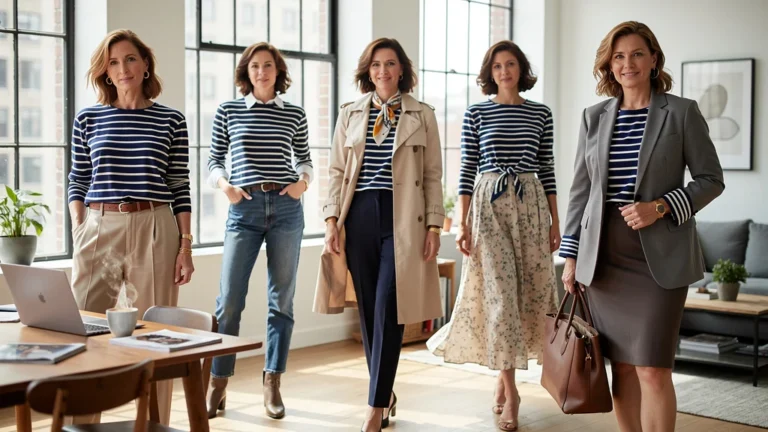 Femme de 39 ans portant un pull marin cinq façons différentes en une semaine dans un style lifestyle chic